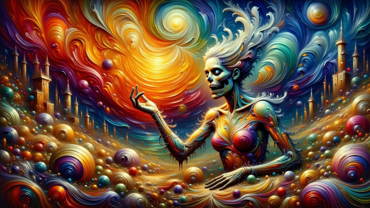 Vibrant Cosmic Scene with Skeletal Figure and Orbs