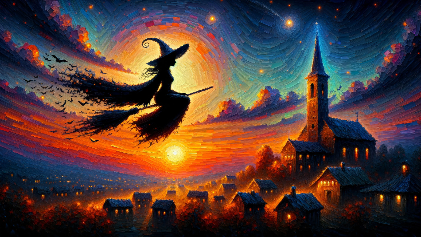 Witch Silhouette Flying Over a Vibrant Sunset Village