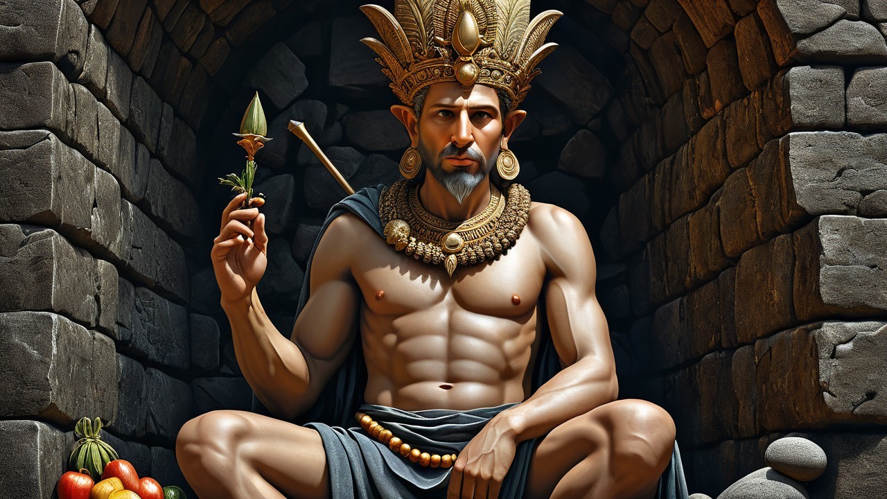 Muscular Figure on Stone Throne with Jewelry and Rose