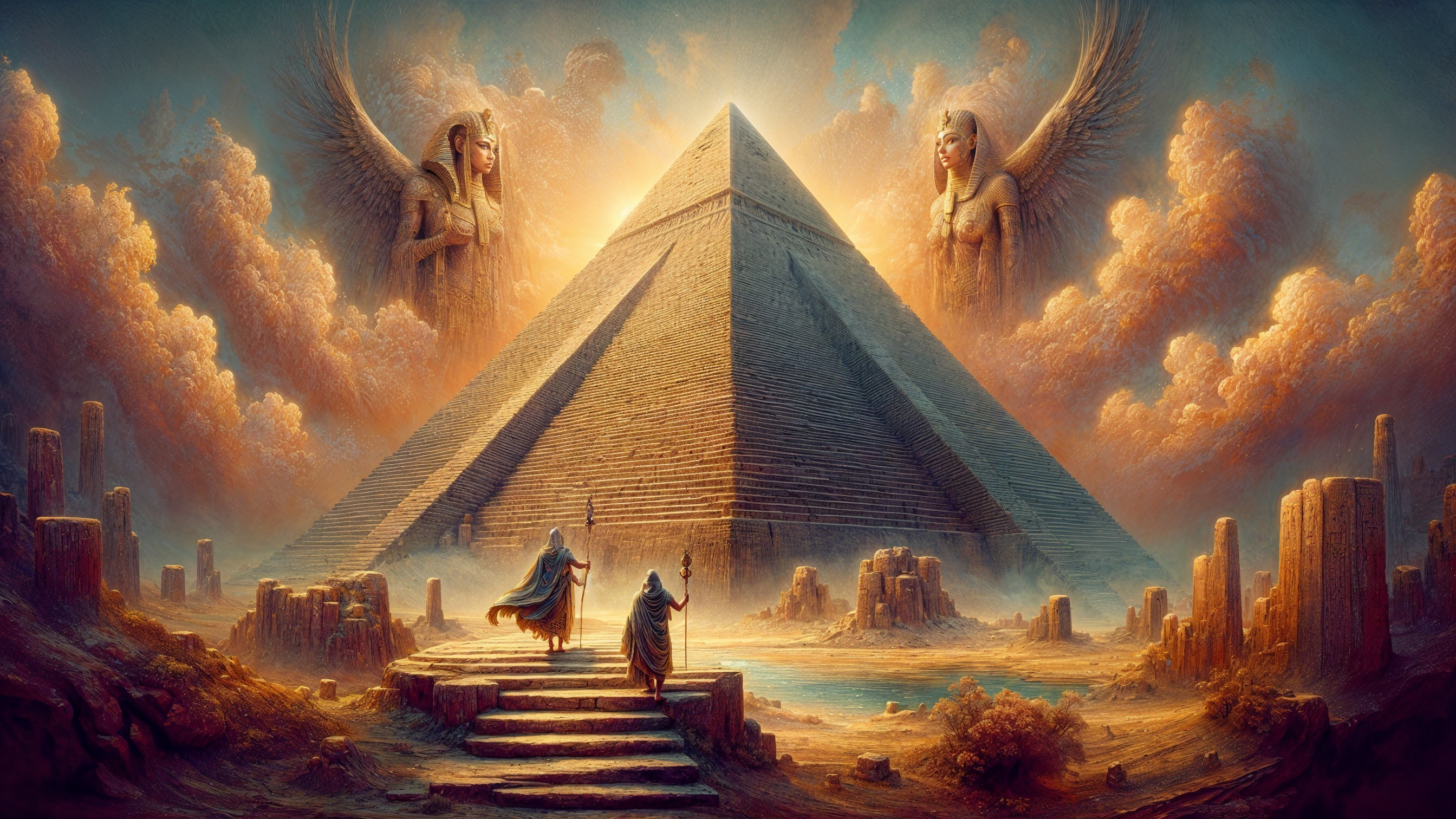 Majestic Pyramid Surrounded by Winged Figures and Light