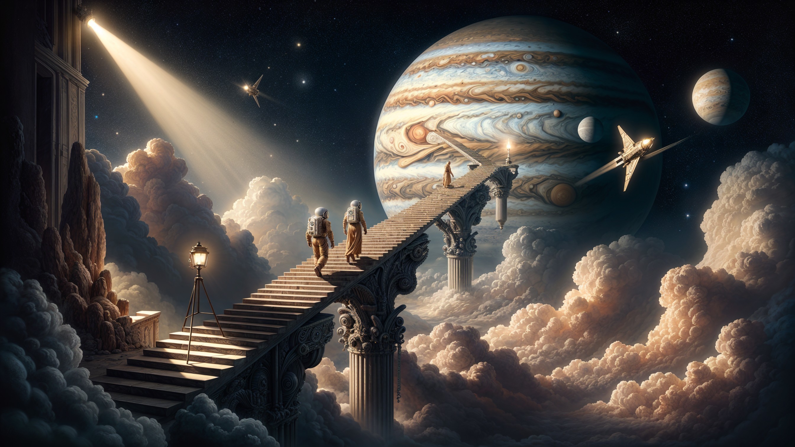 Astronauts Ascending Staircase Towards Jupiter and Moons