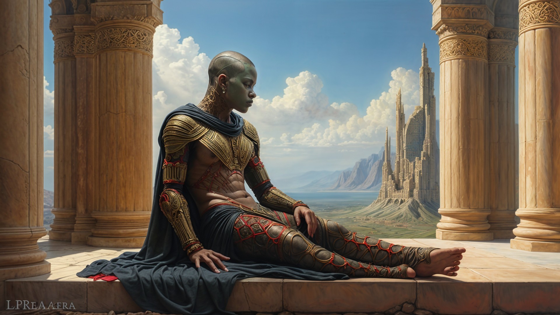 Majestic armored figure in grand architectural setting