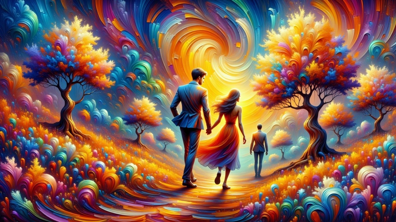 Surreal Landscape with Couple at Radiant Sunset