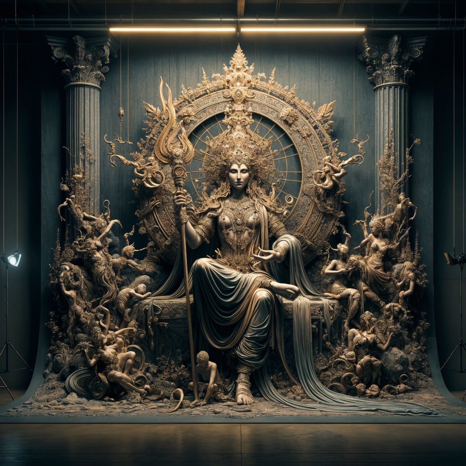 Majestic Seated Figure Sculpture with Celestial Motifs