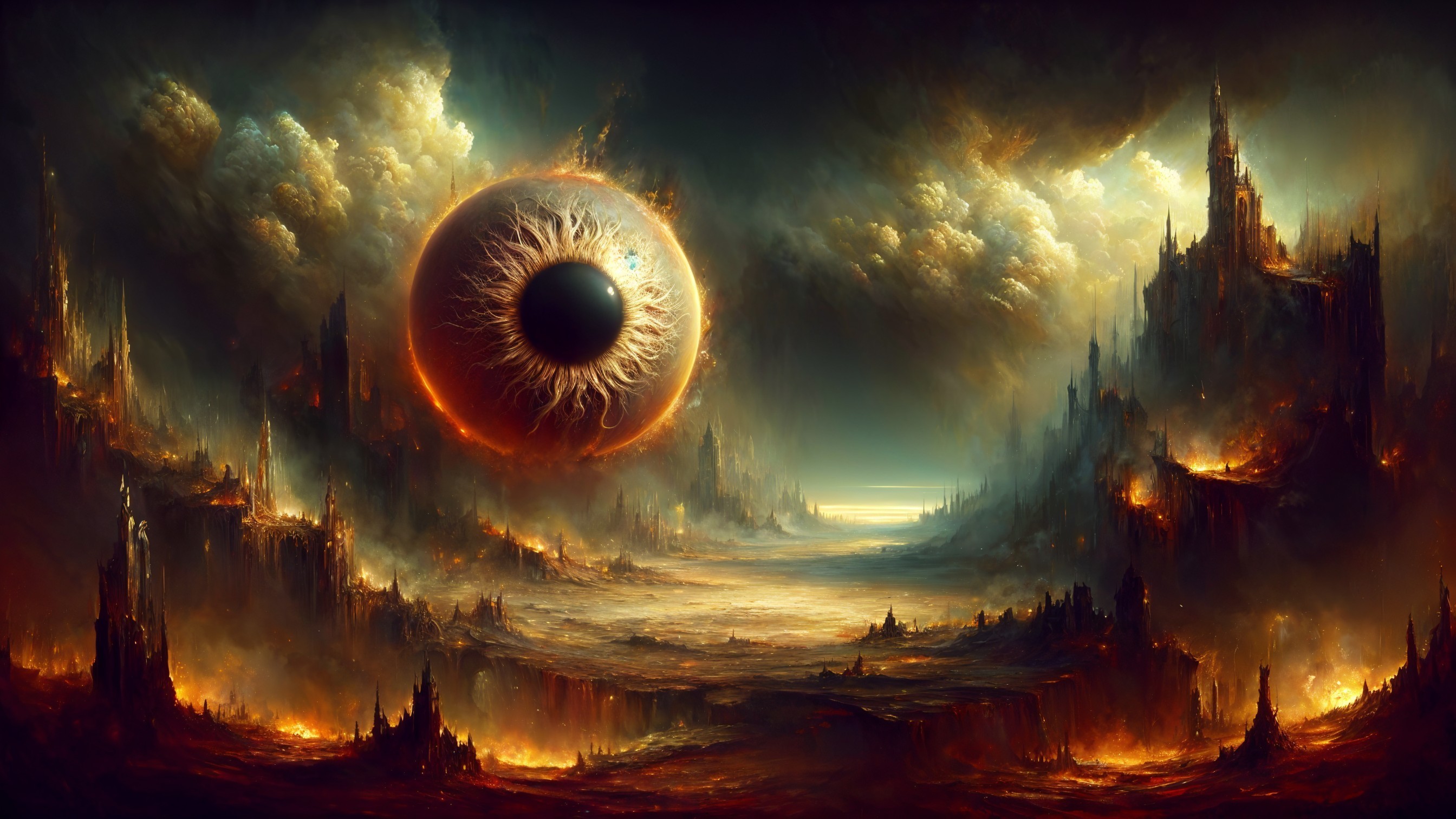Dramatic Landscape with Jagged Mountains and Ominous Eye