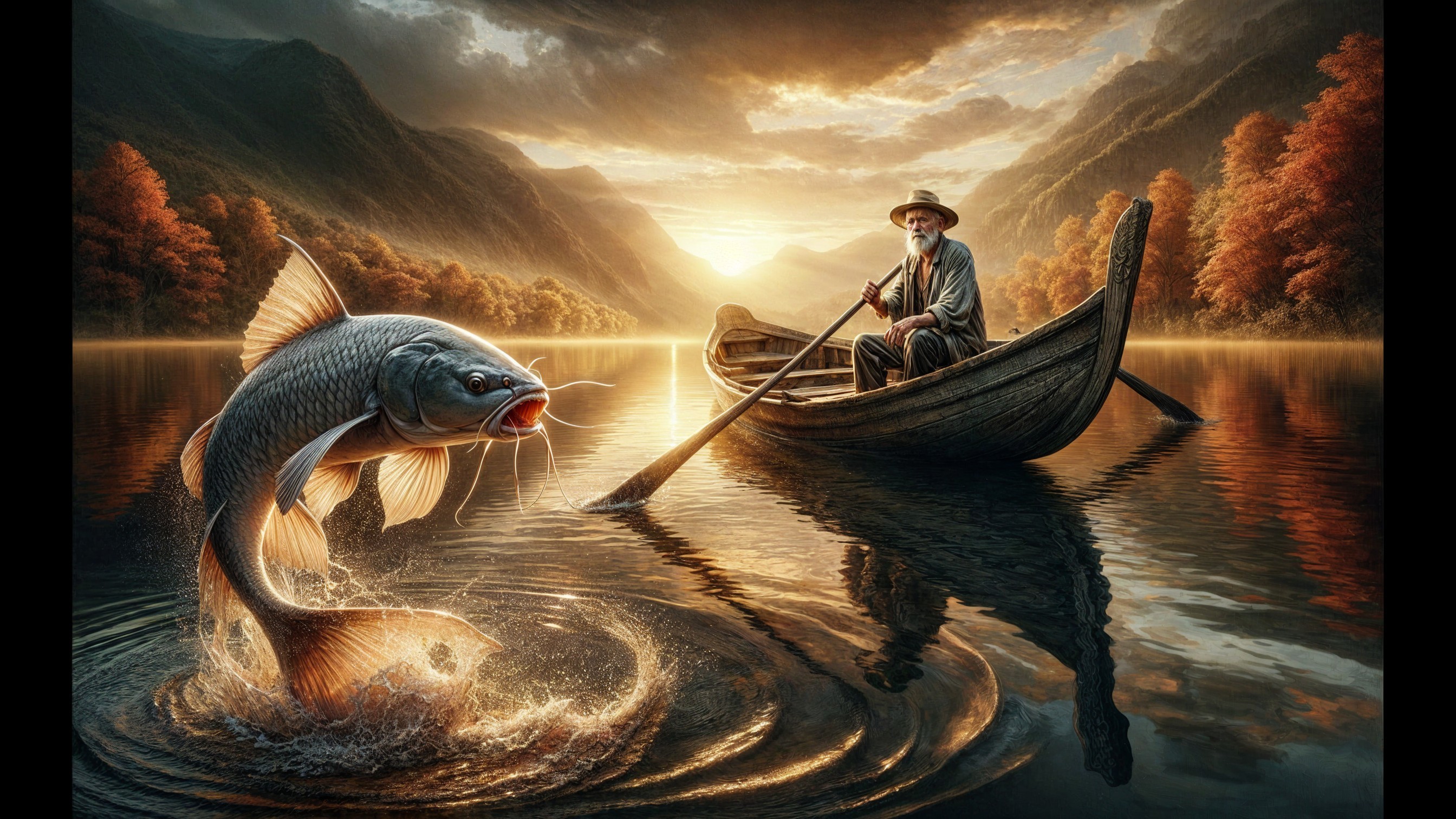 Tranquil Fishing at Sunset by the Mountains
