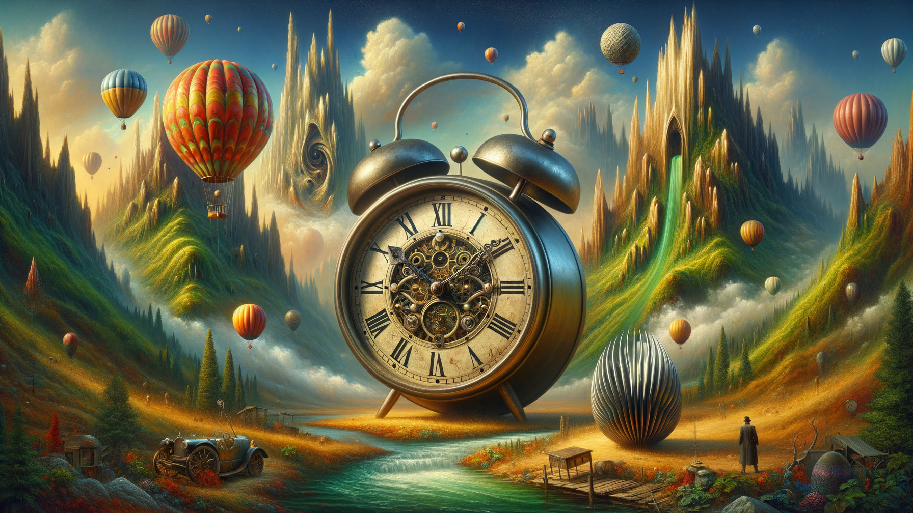 Surreal Landscape with Ornate Clock and Balloons