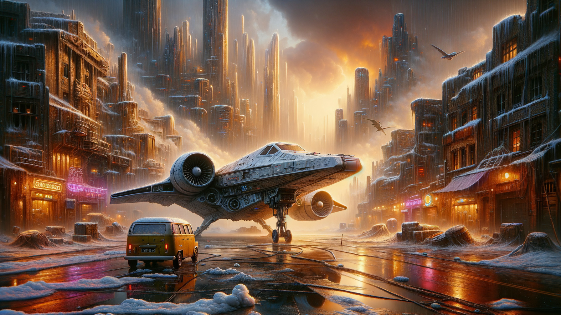 Futuristic cityscape with snow and sunset backdrop