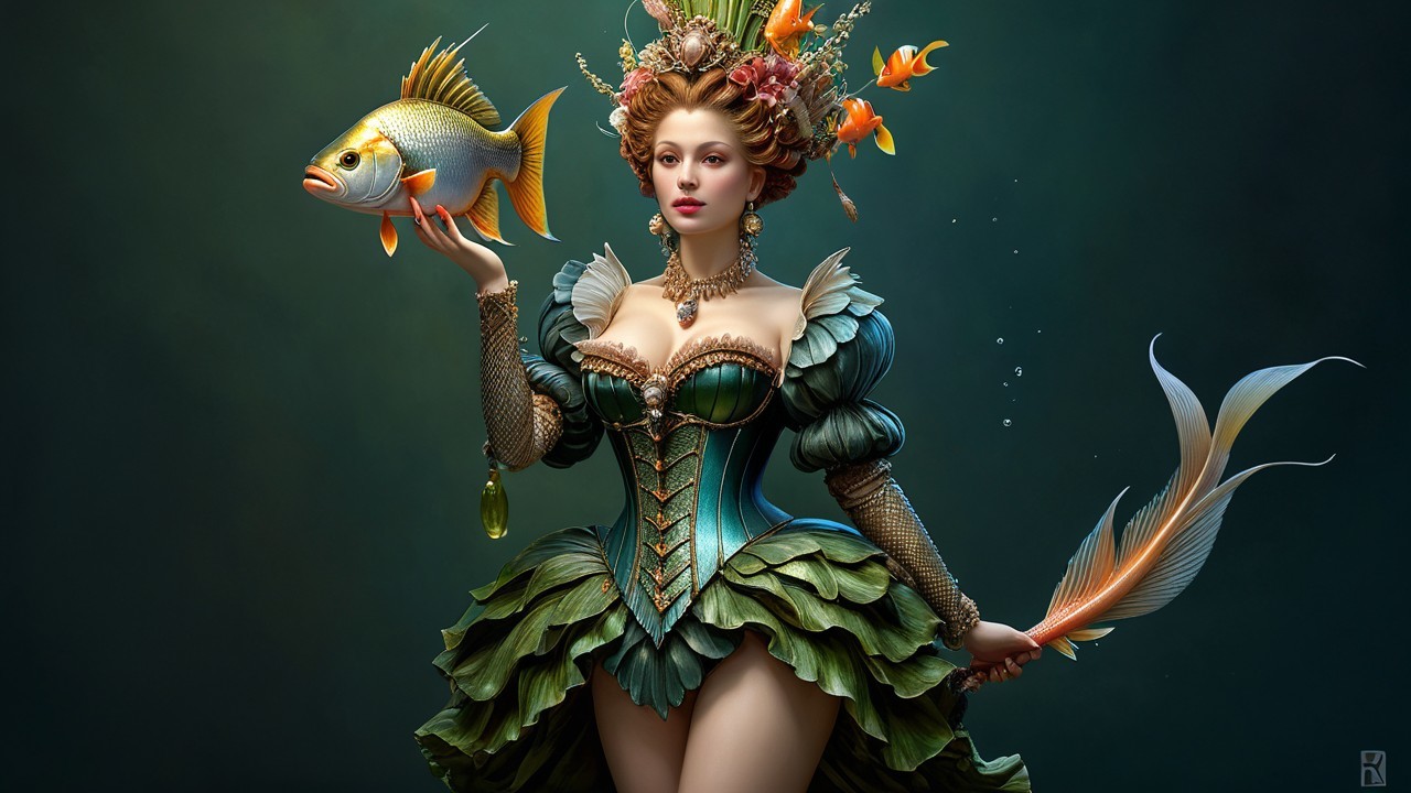 Fantastical Underwater Figure in Leaf-Inspired Gown