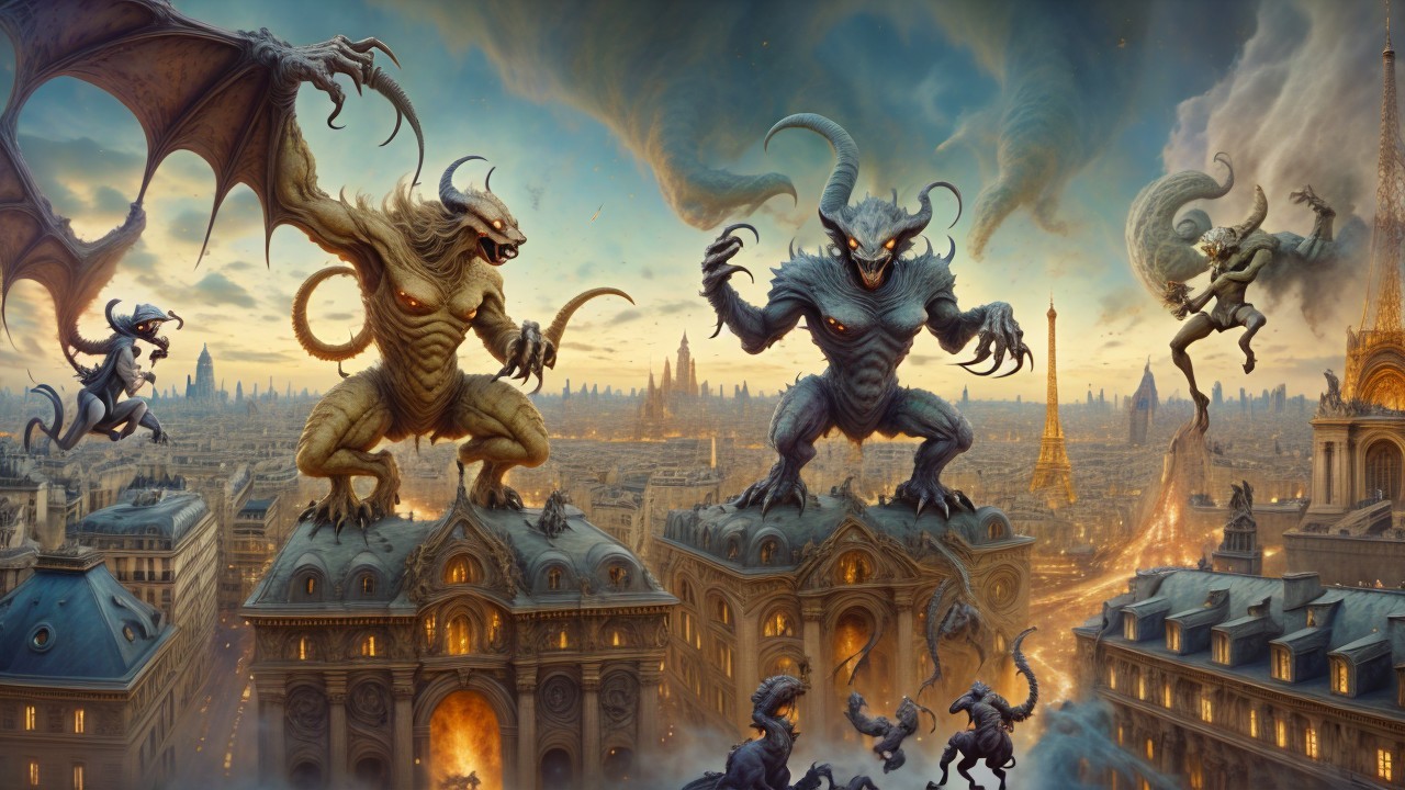 Surreal Cityscape with Monstrous Creatures and Sunset