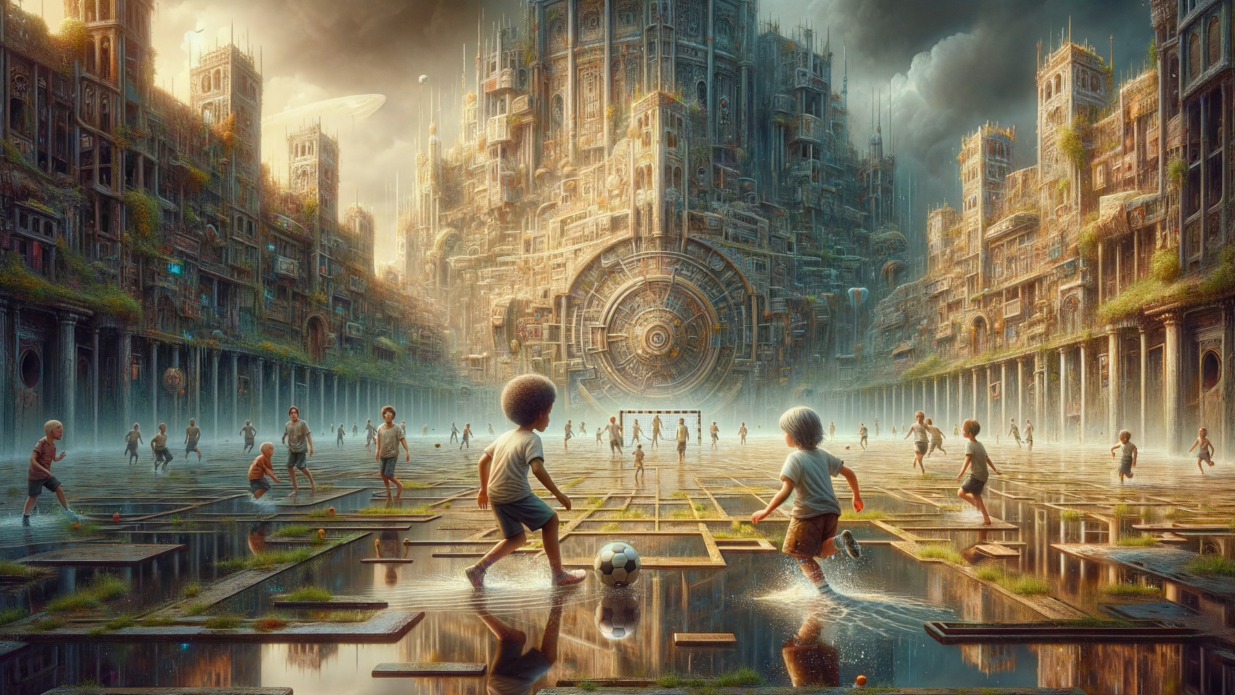 Futuristic cityscape with children playing soccer