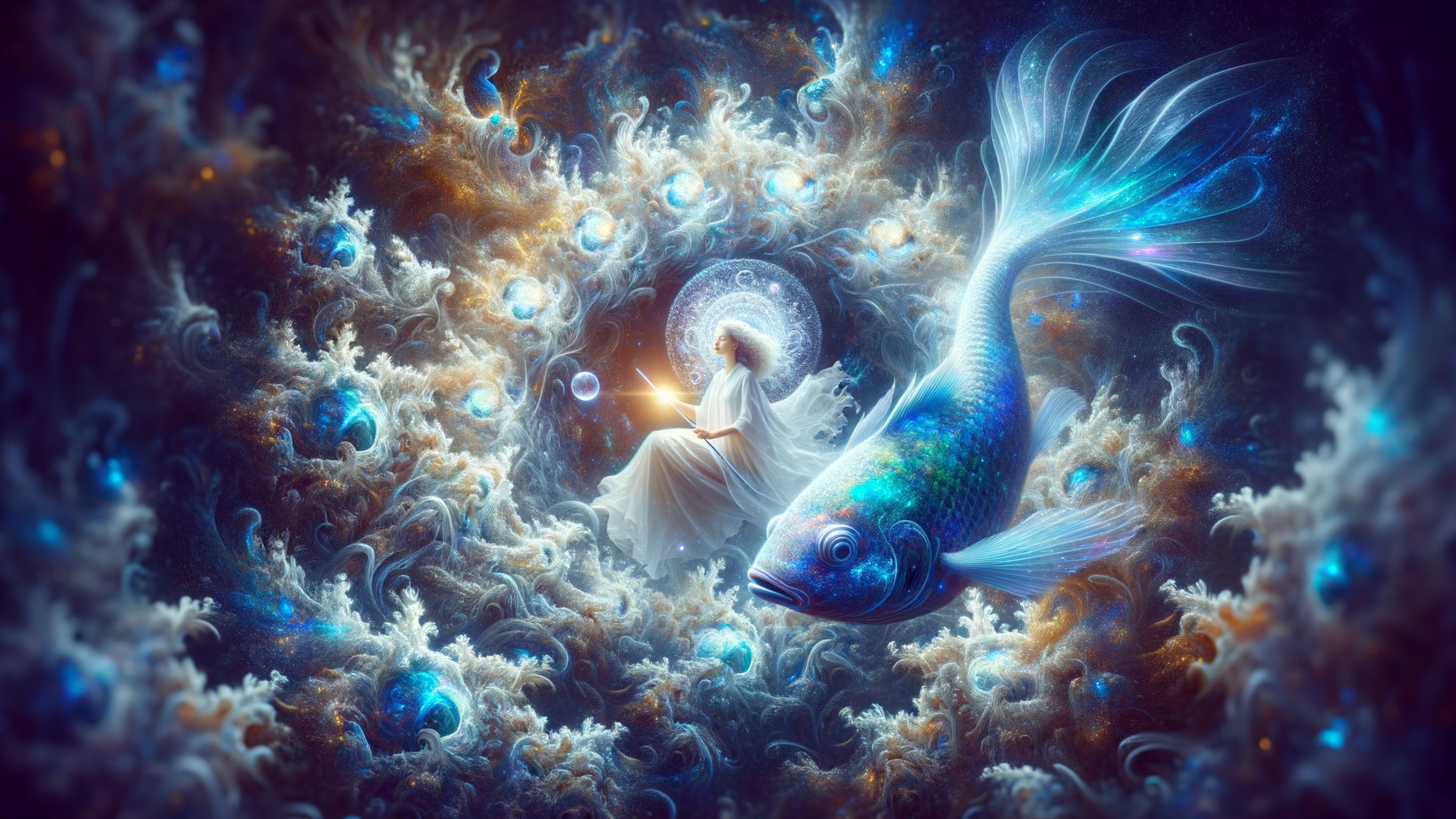 Cosmic Scene with Serene Figure and Glowing Book