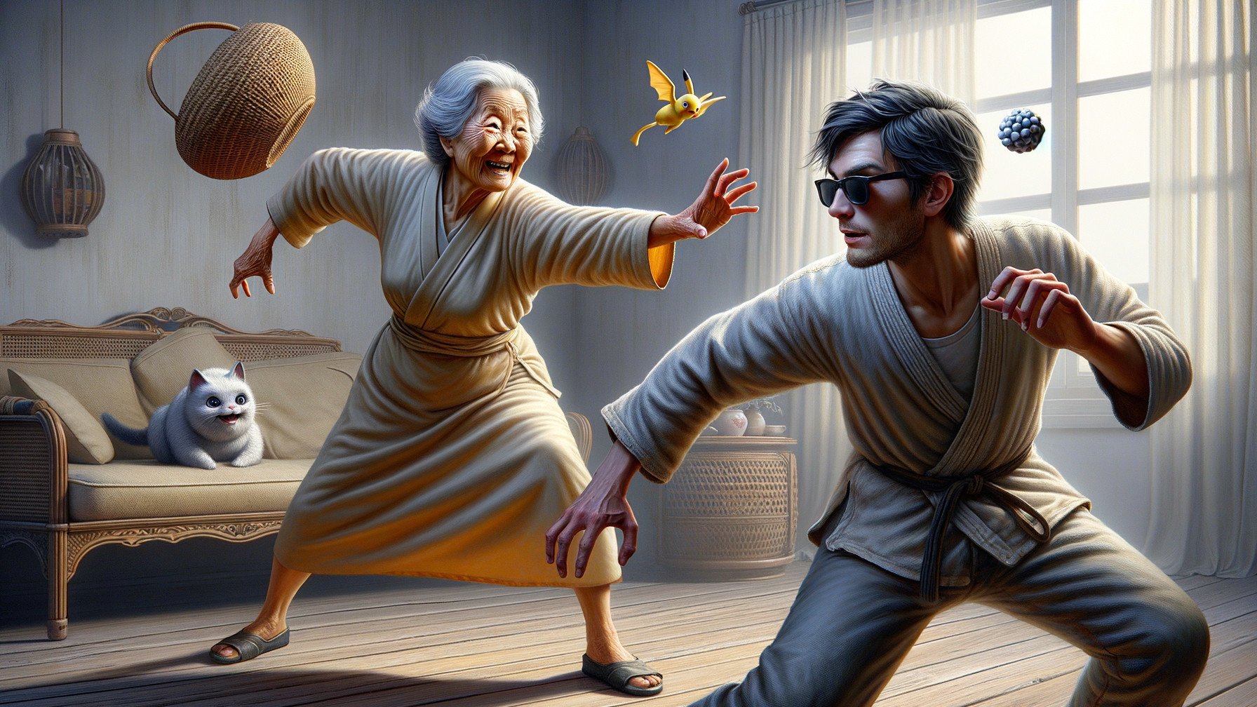 Elderly Woman and Young Man Play in Sunlit Room