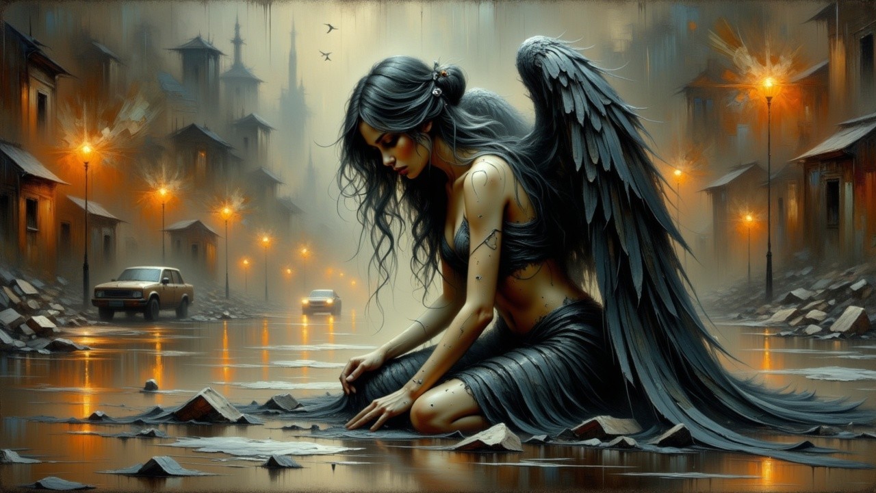 Sorrowful Woman with Dark Wings in Urban Decay