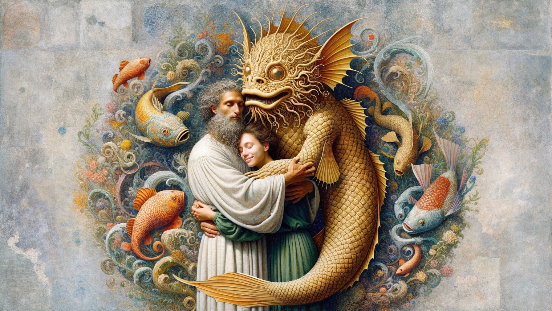 Whimsical scene of a wise figure, woman, and fish creature