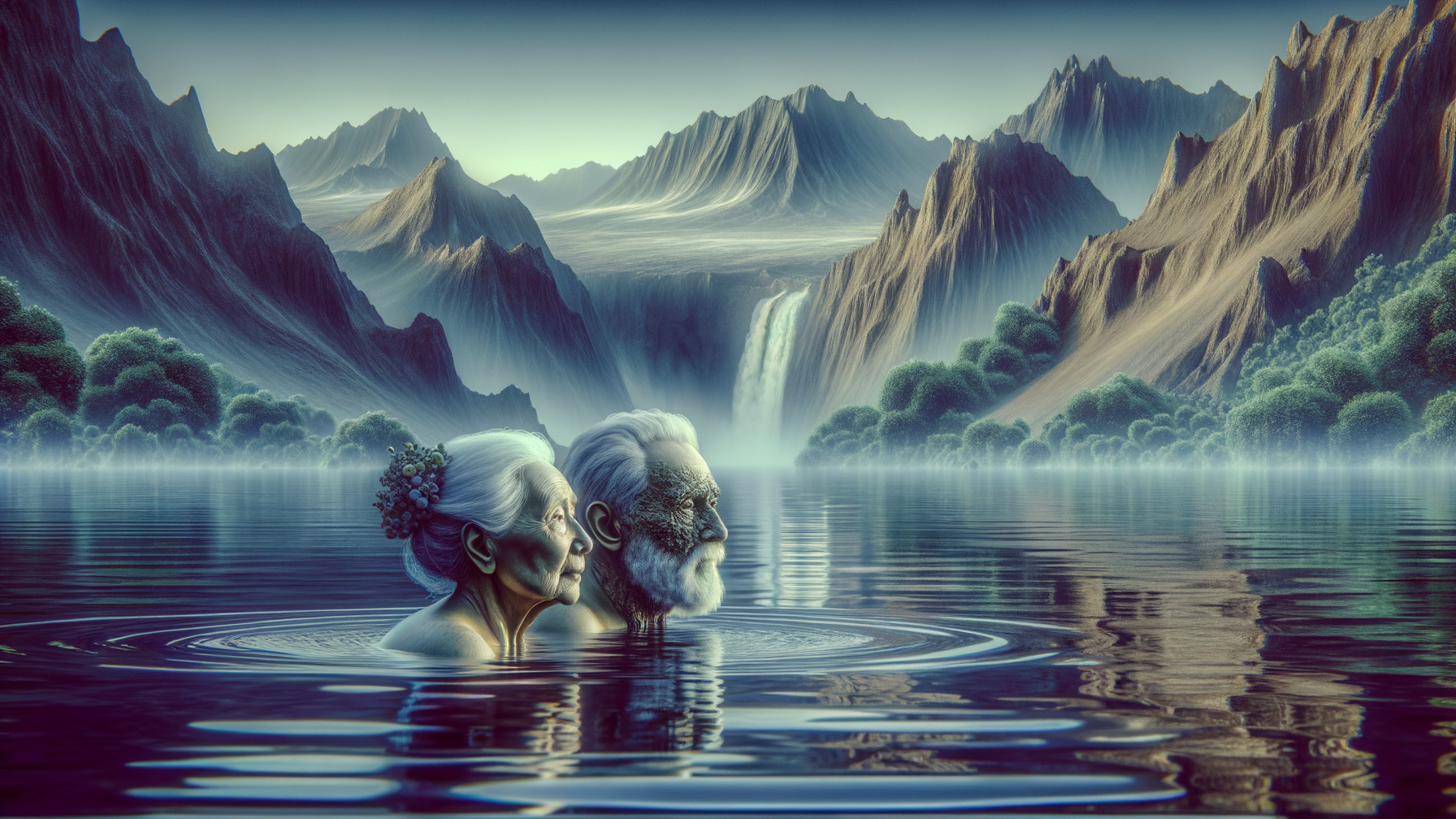 Elderly Couple in Tranquil Landscape with Waterfall