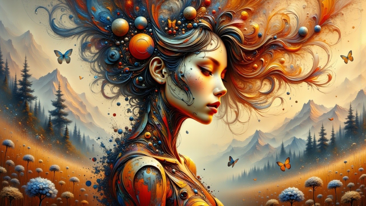 Female Figure in Cosmic Landscape with Butterflies