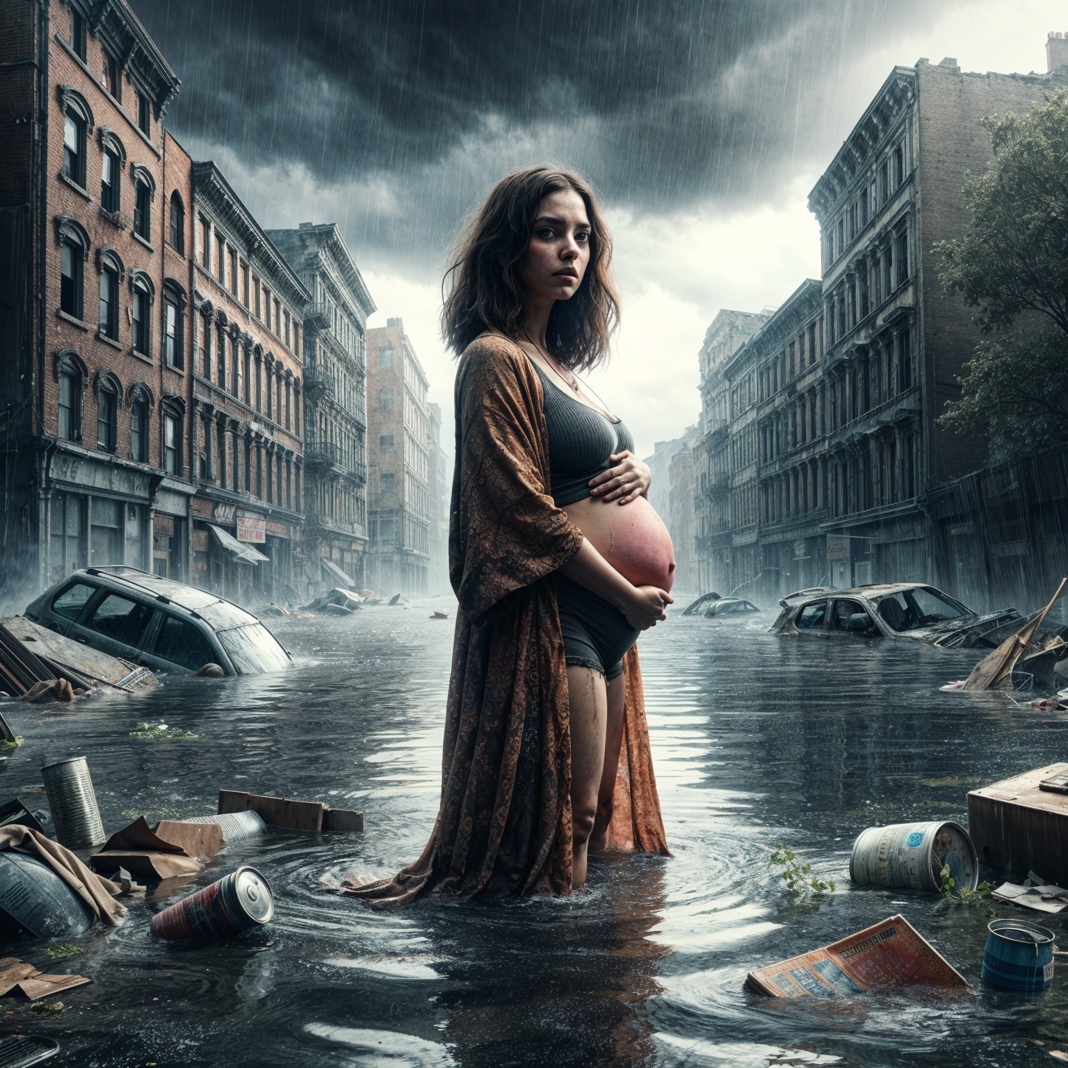 Pregnant Woman in Flooded Urban Landscape with Debris