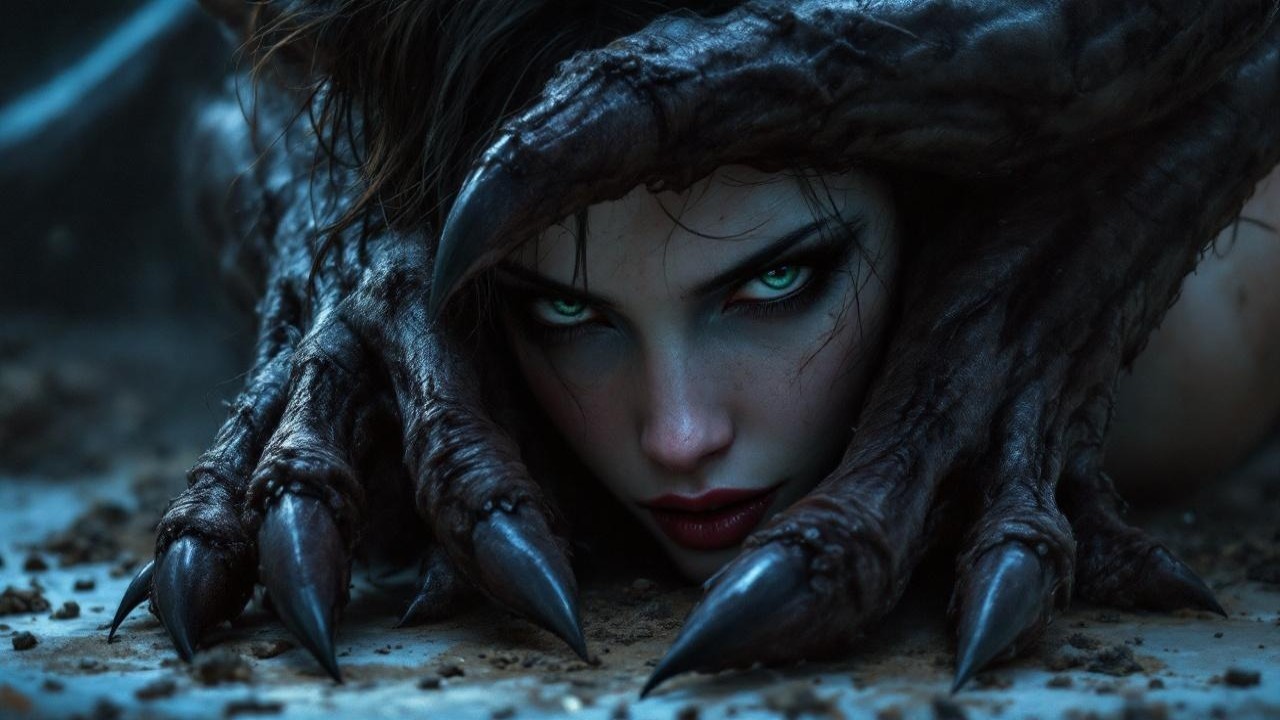 Striking figure with glowing eyes and claw-like hands