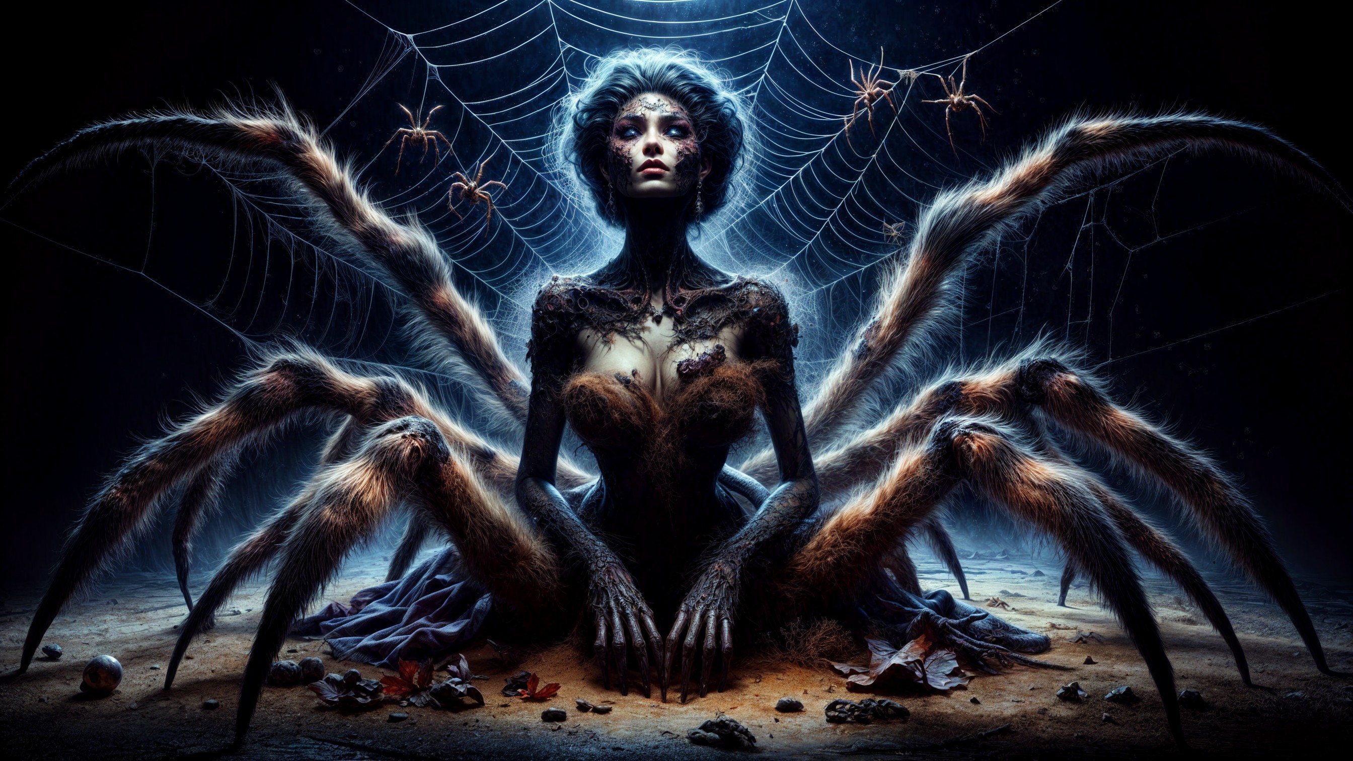 Hybrid Creature of Human and Spider Traits in Web