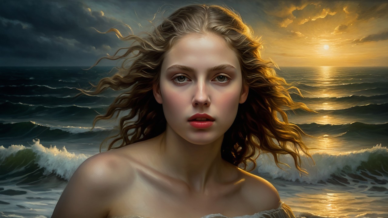 Young Woman Contemplating by Ocean at Sunset