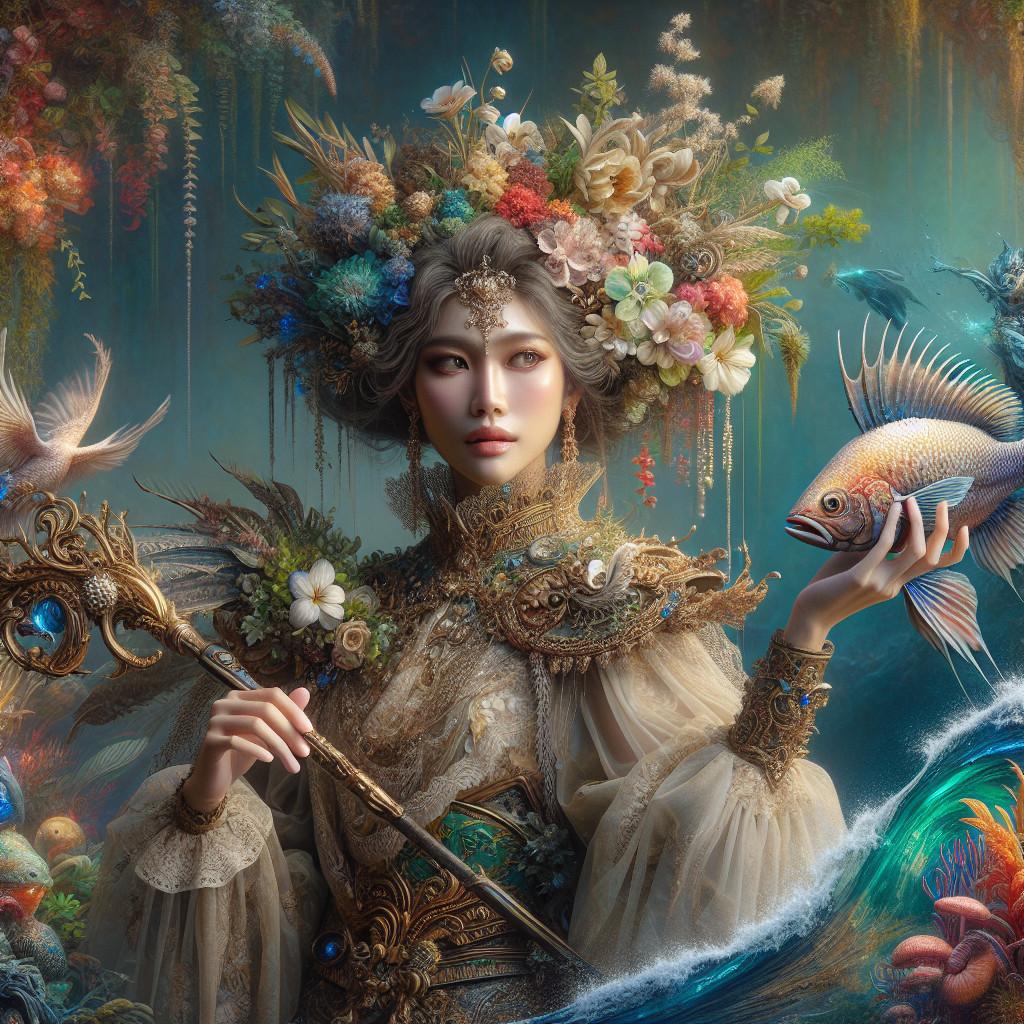 Elaborate Floral Headdress and Vibrant Fish in Scene