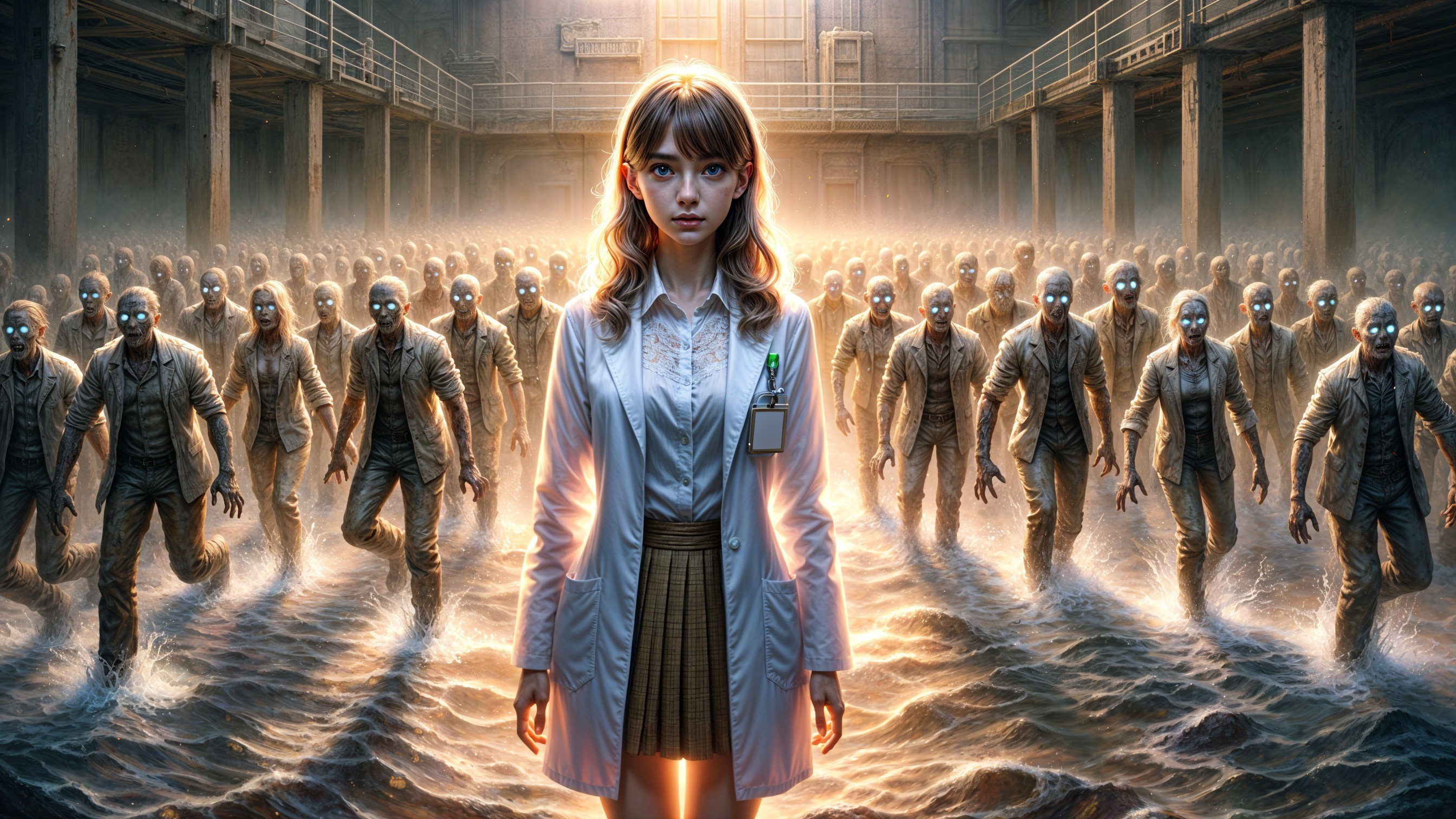 Young Woman in Lab Coat Amid Eerie Figures in Water