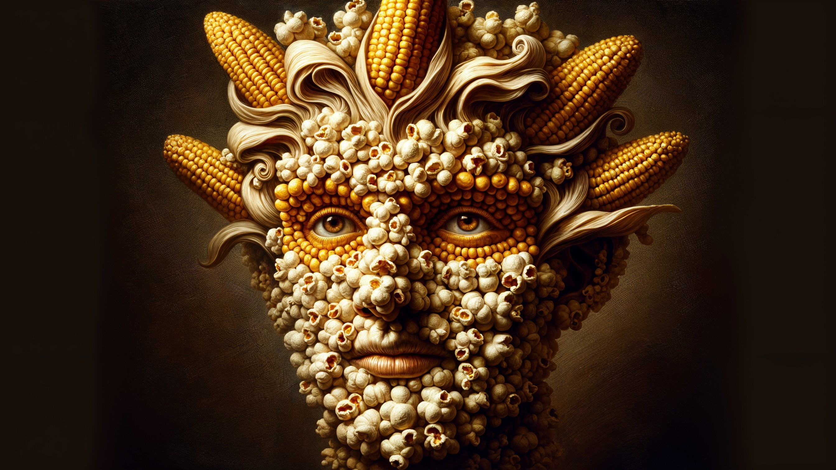 Surreal Human Face Adorned with Corn and Popcorn