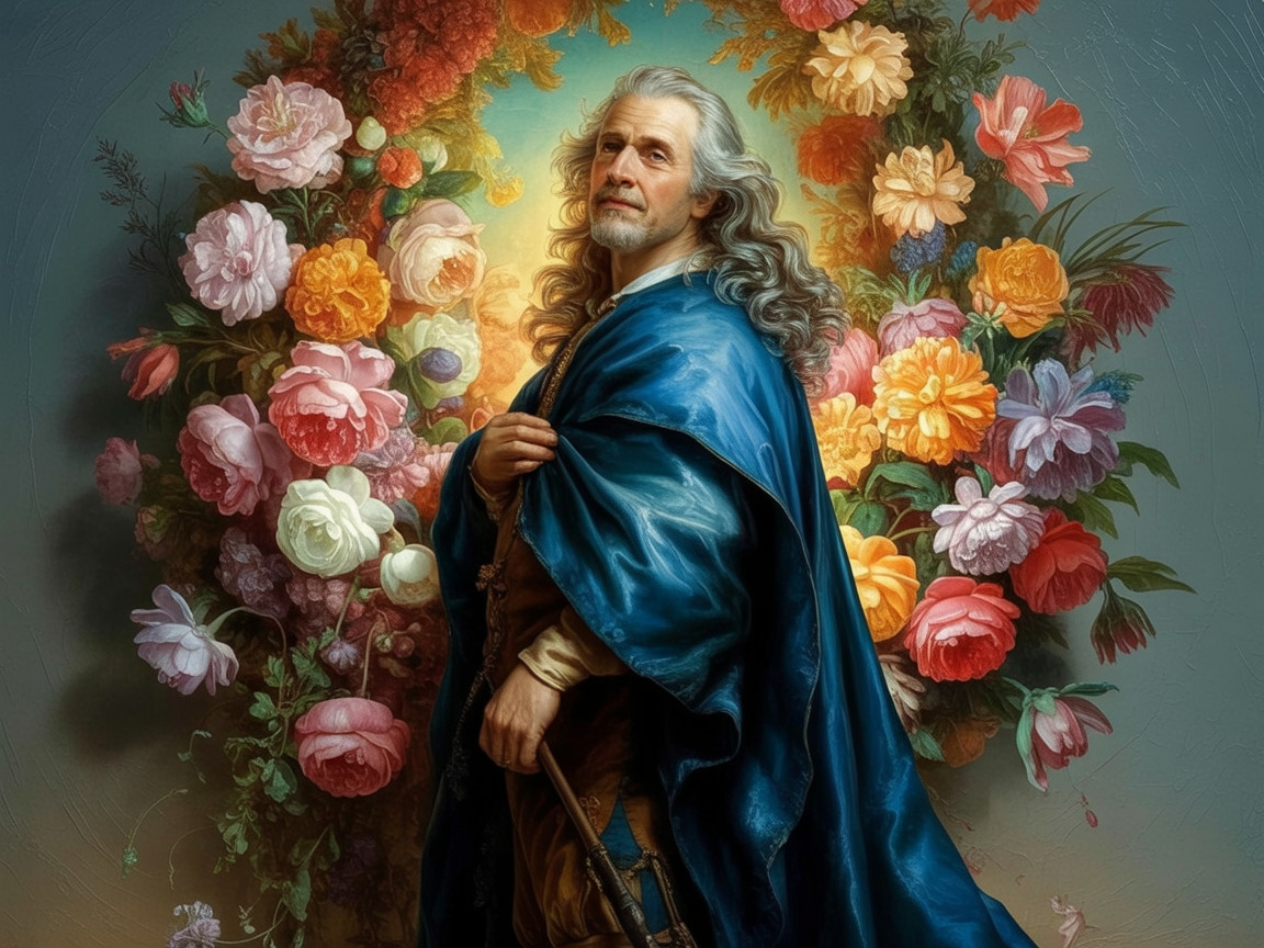 Noble Figure Surrounded by Vibrant Flowers