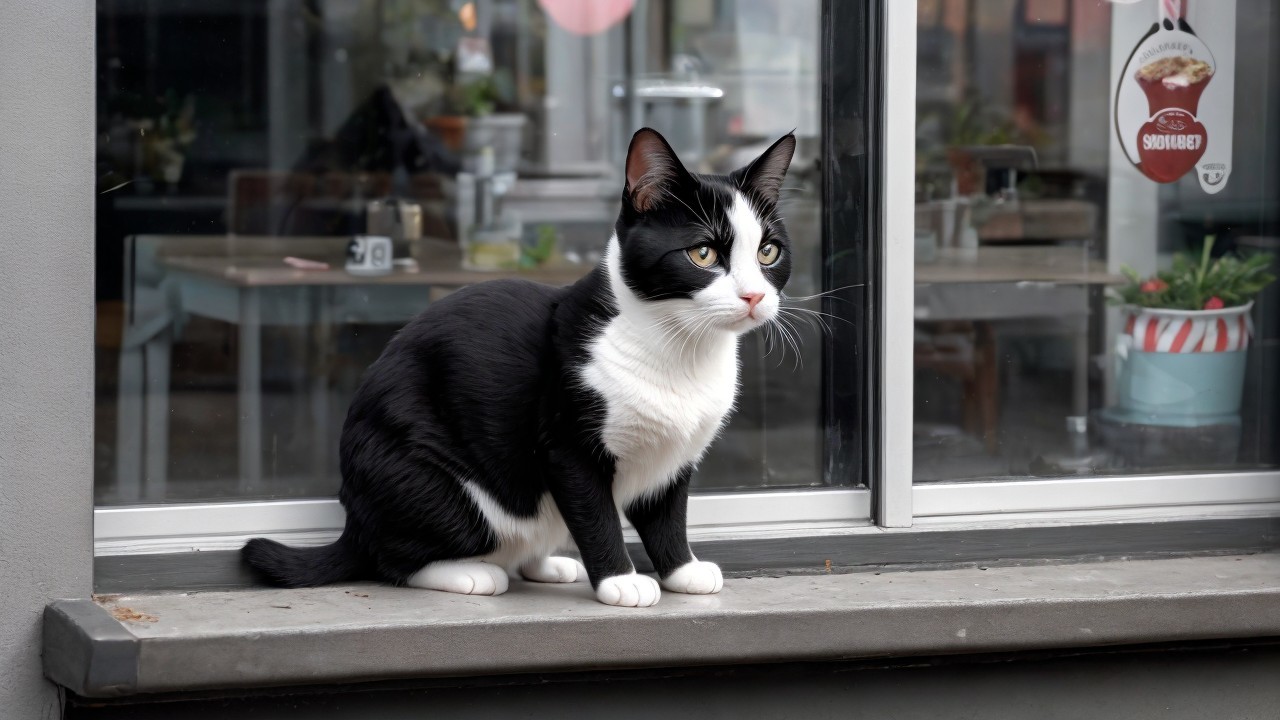 Black and white cat on a windowsill in a café