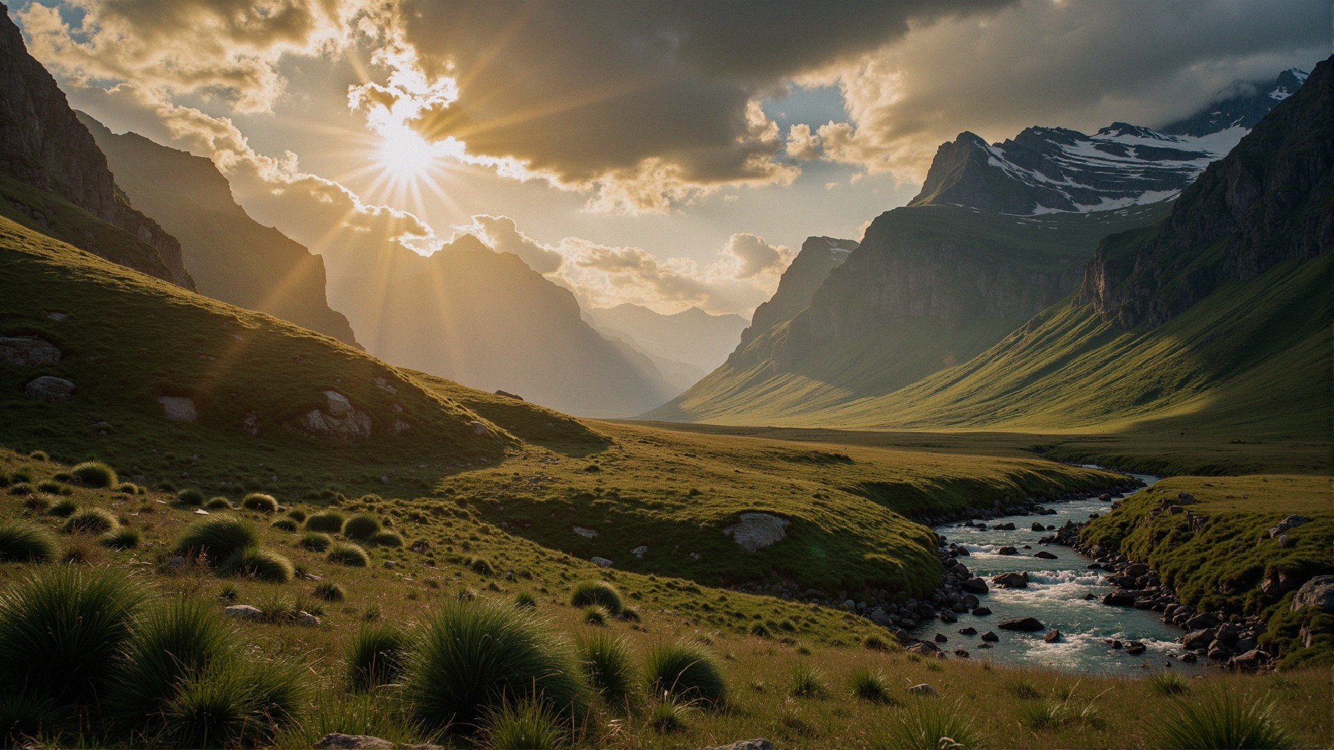 Serene Valley with Mountains and Sparkling River