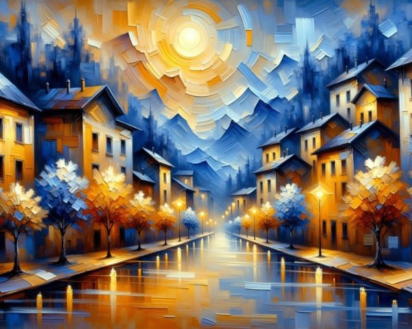 Picturesque Town Along a Tranquil River Landscape