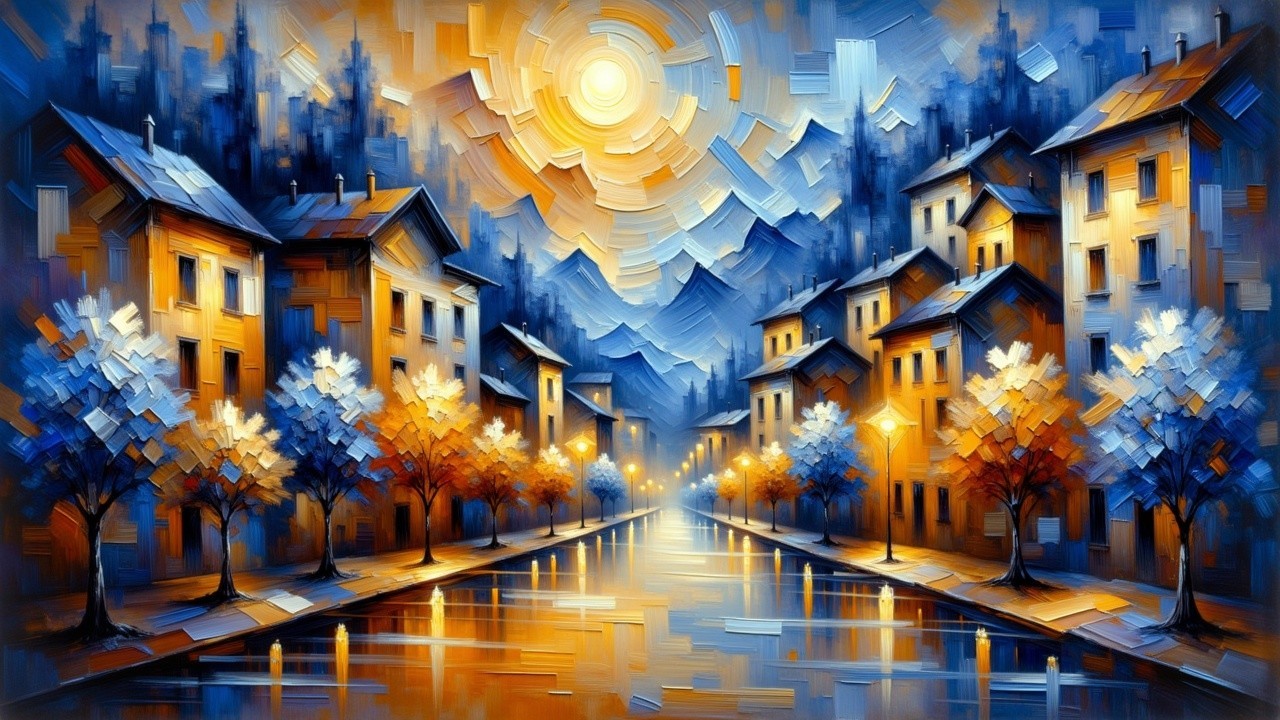 Picturesque Town Along a Tranquil River Landscape