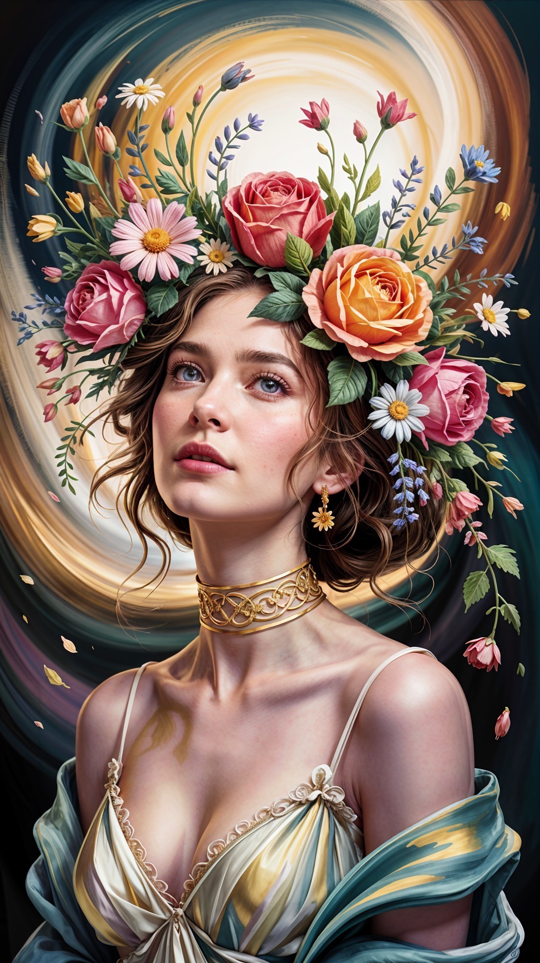 Serene Portrait of a Woman with Floral Crown and Choker