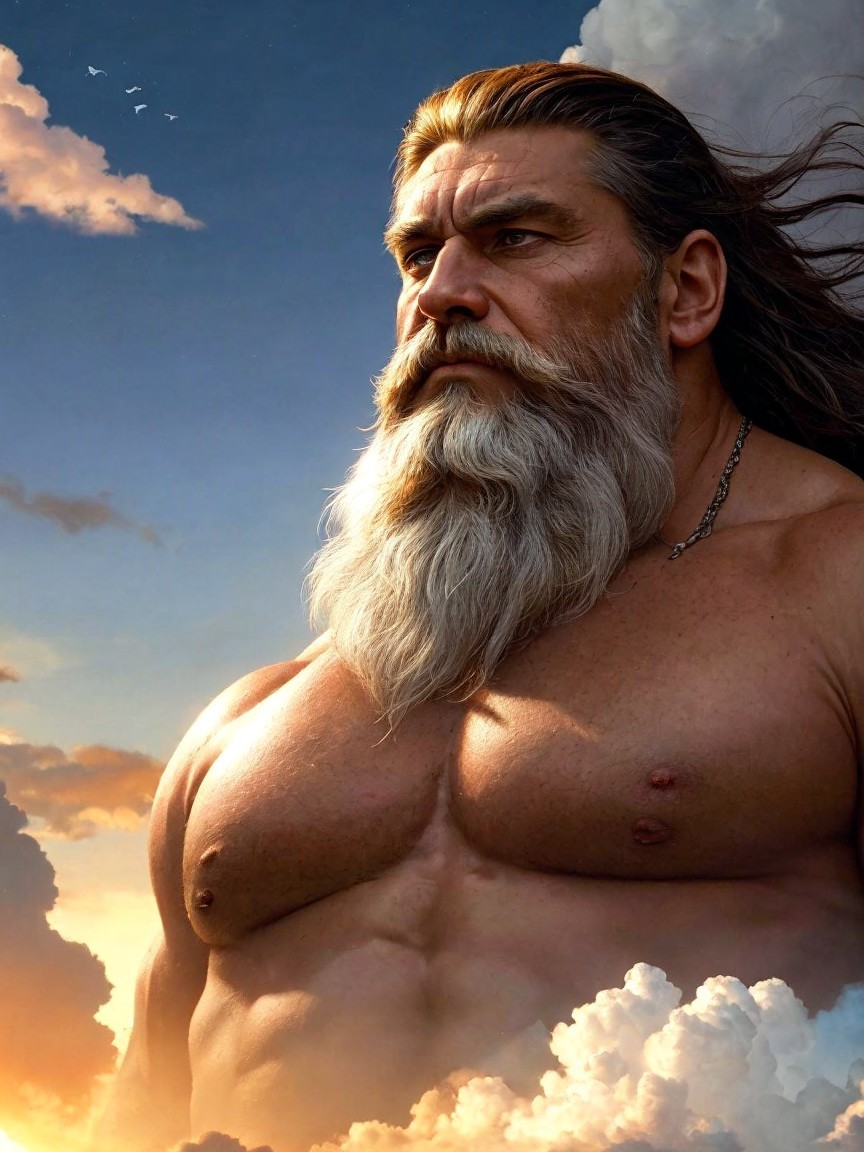 Muscular Mythical Warrior Against Dramatic Sunset Sky
