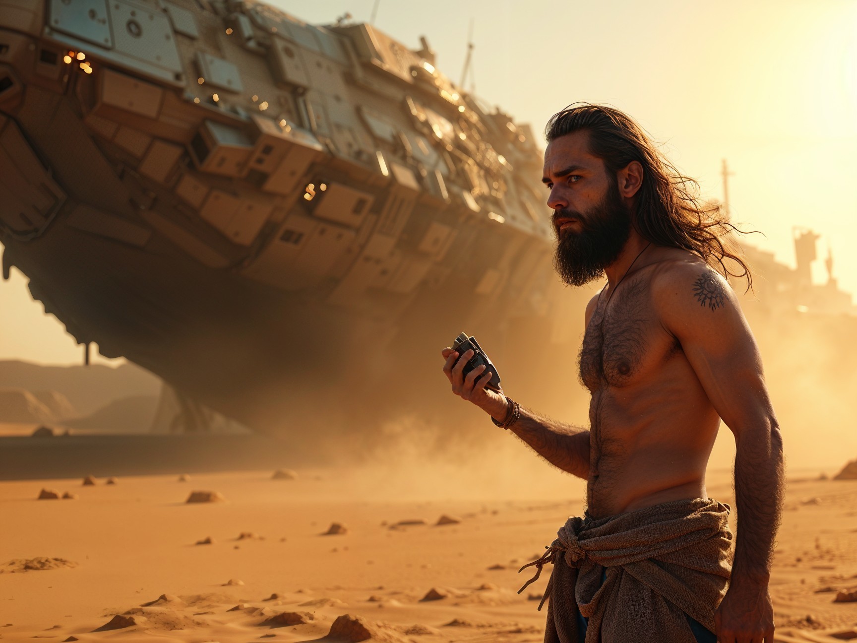 Muscular Man in Desert with Futuristic Spaceship