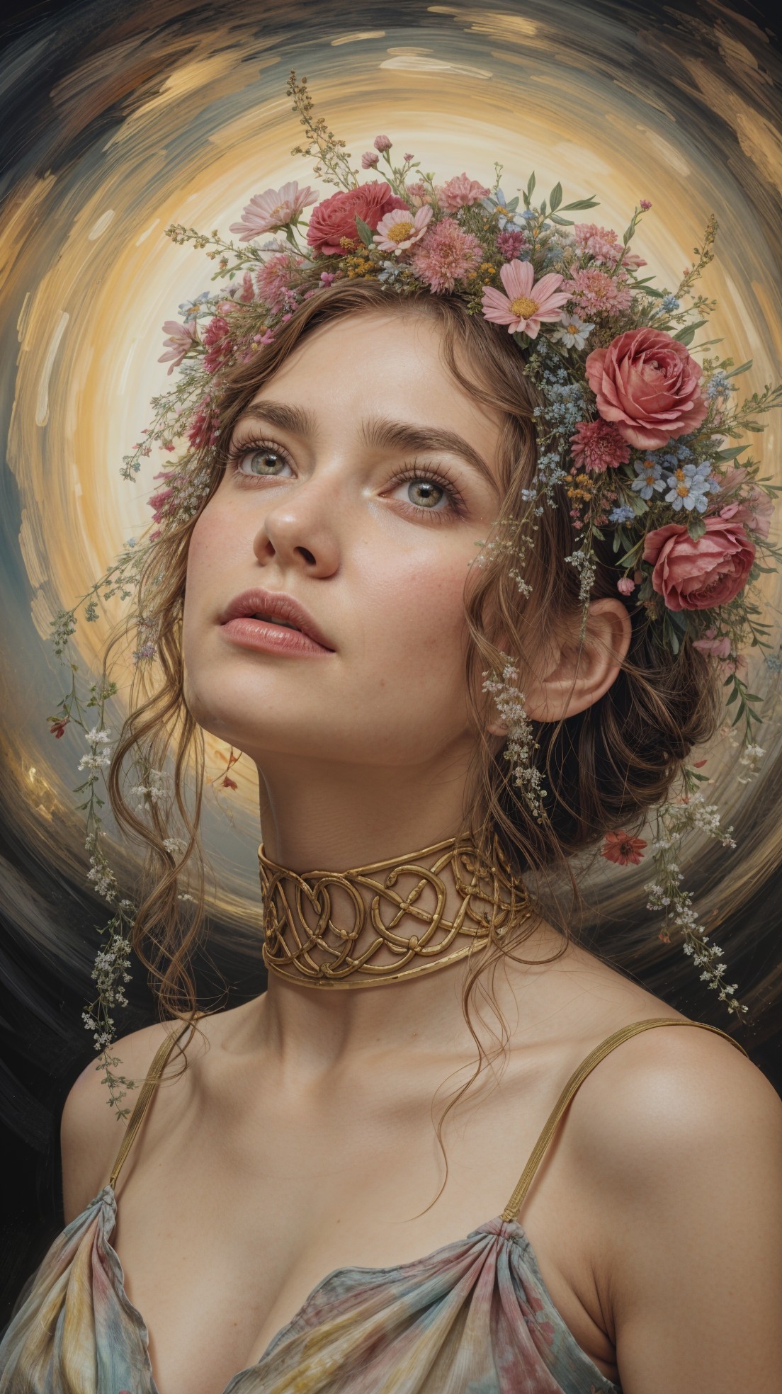 Young woman with floral crown and pastel dress
