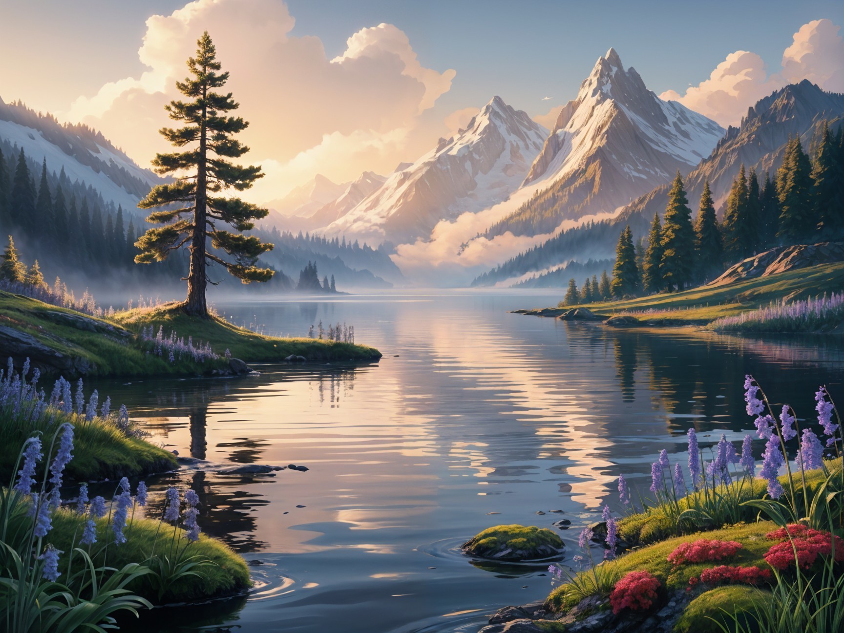 Tranquil Lake with Snow-Capped Mountains and Wildflowers