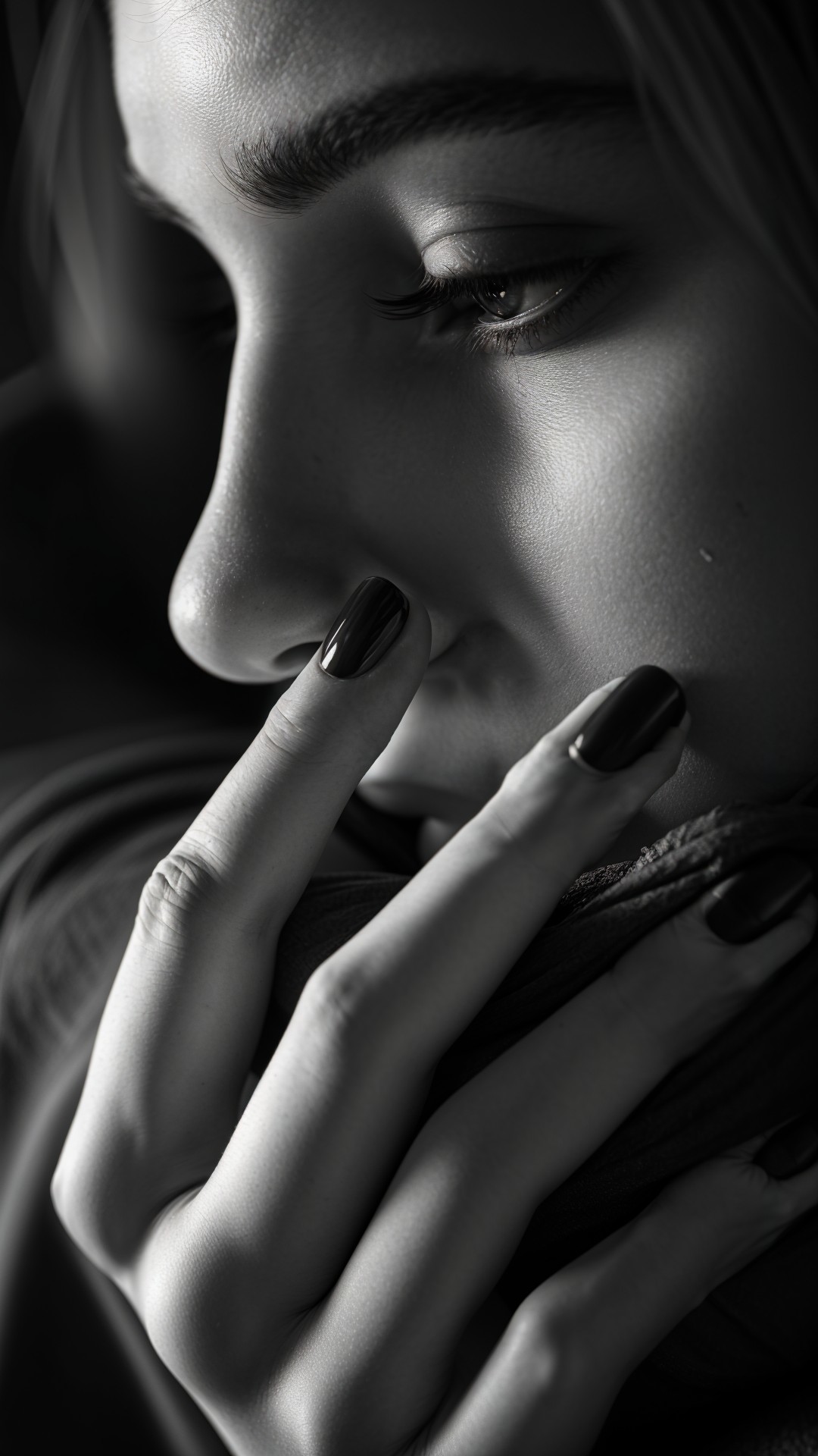 Close-Up Profile of a Thoughtful Person in Monochrome