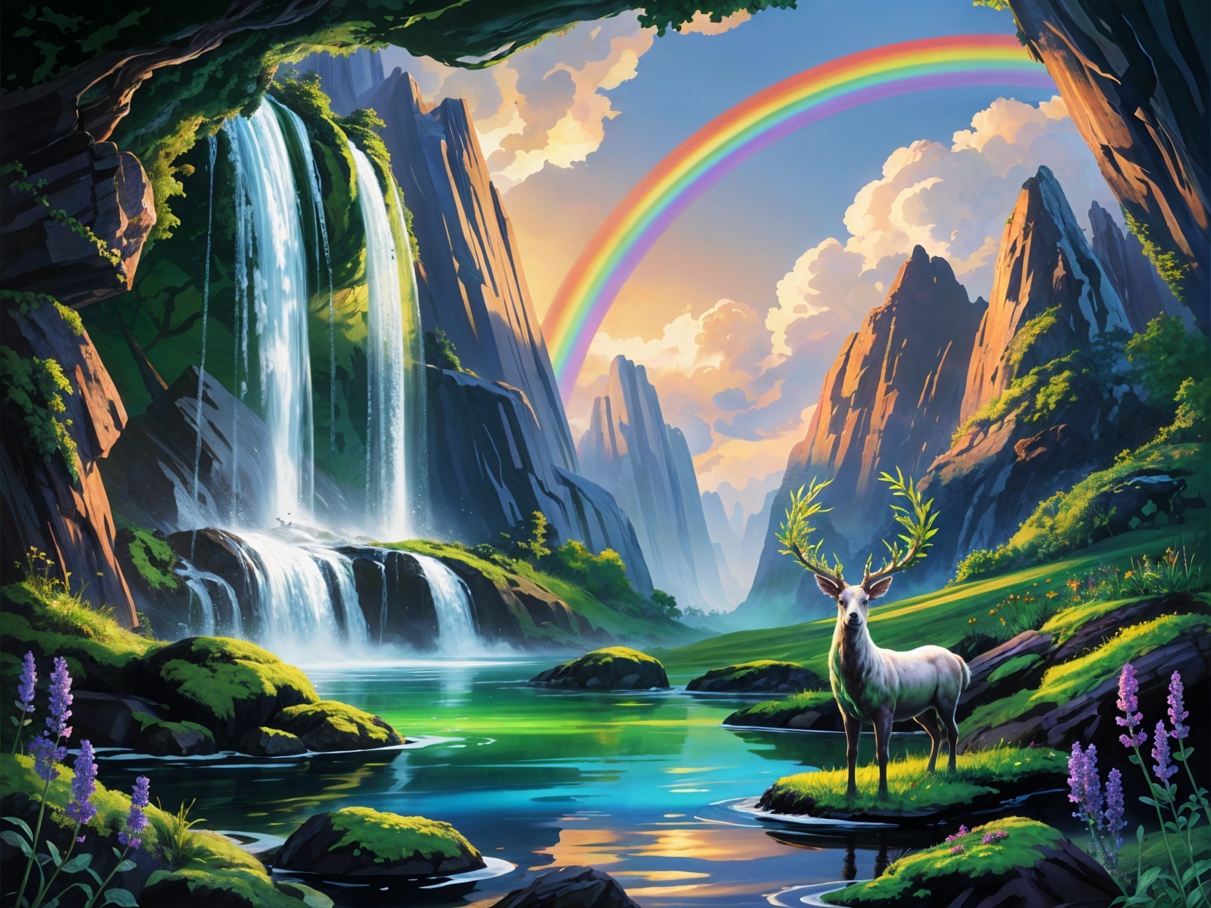 Majestic stag by serene lake in vibrant landscape