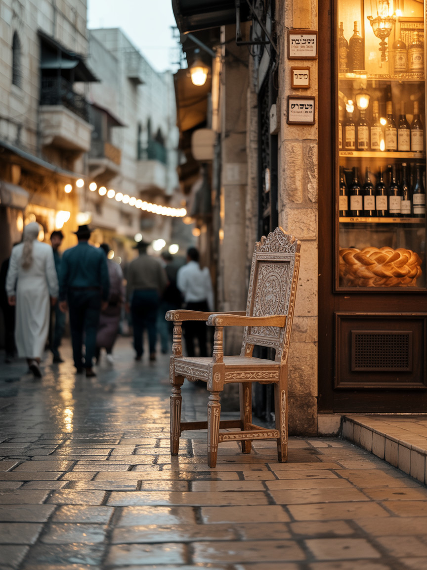 Wooden Chair on Cobblestone Street in Urban Setting