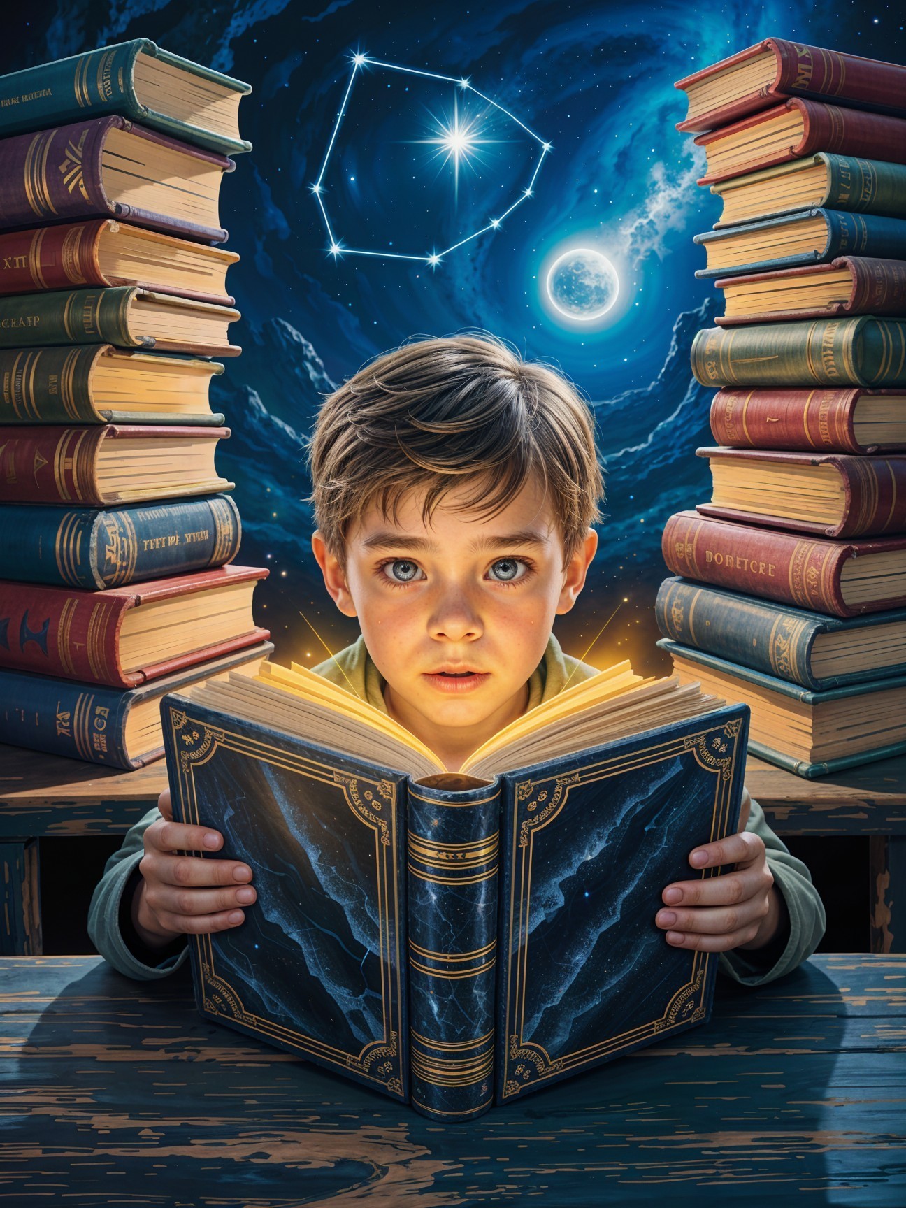 Young boy reading a glowing book among vintage stacks