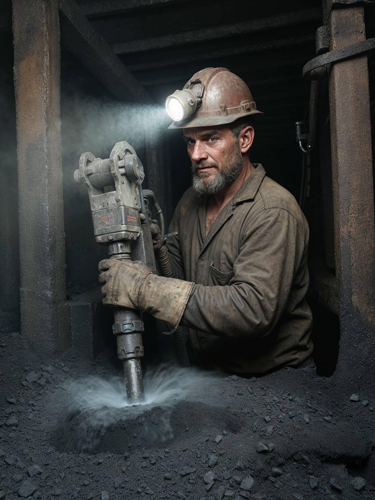 Miner Using Jackhammer in Dimly Lit Coal Mine