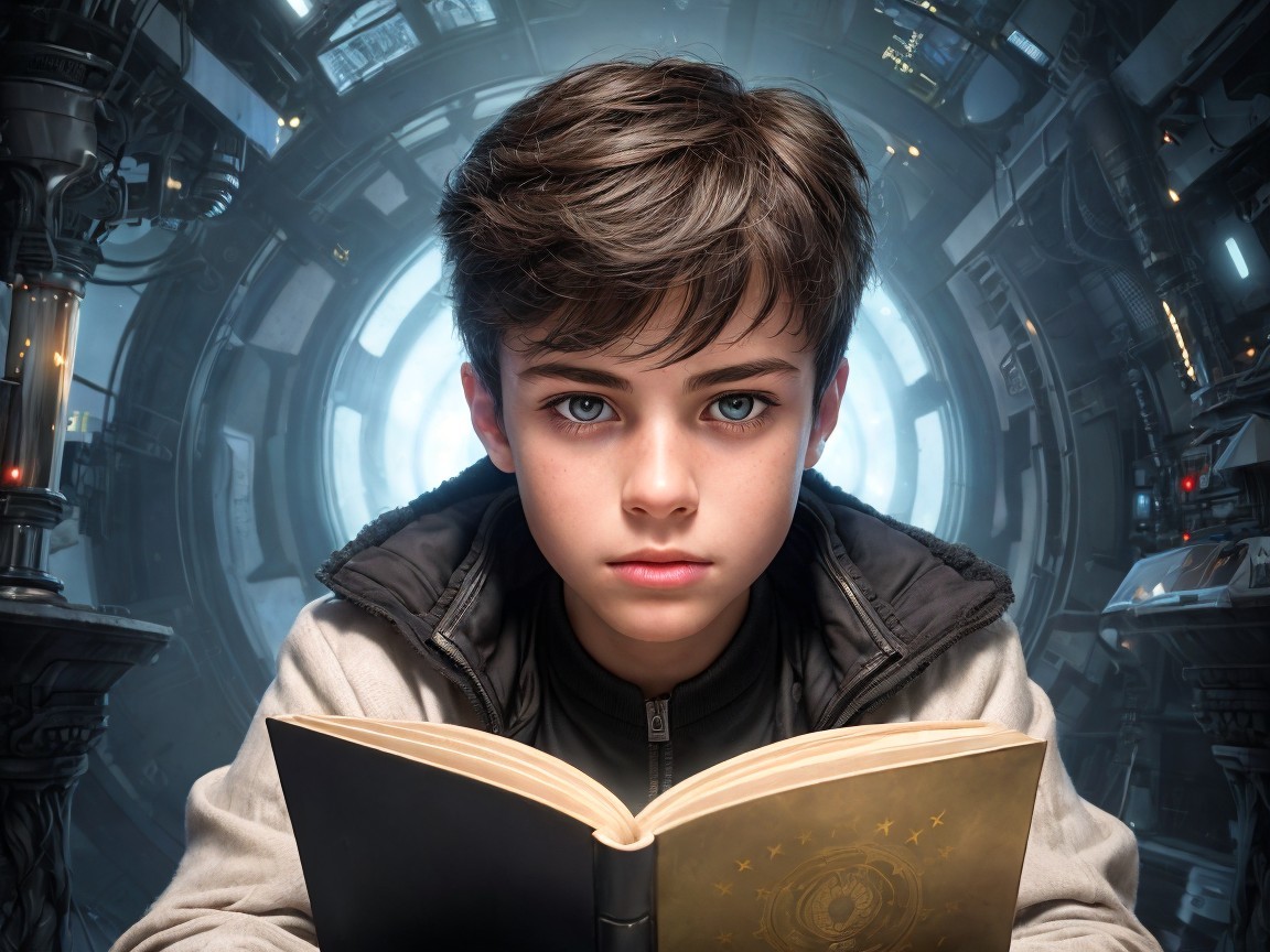 Young boy reading in a futuristic metallic setting