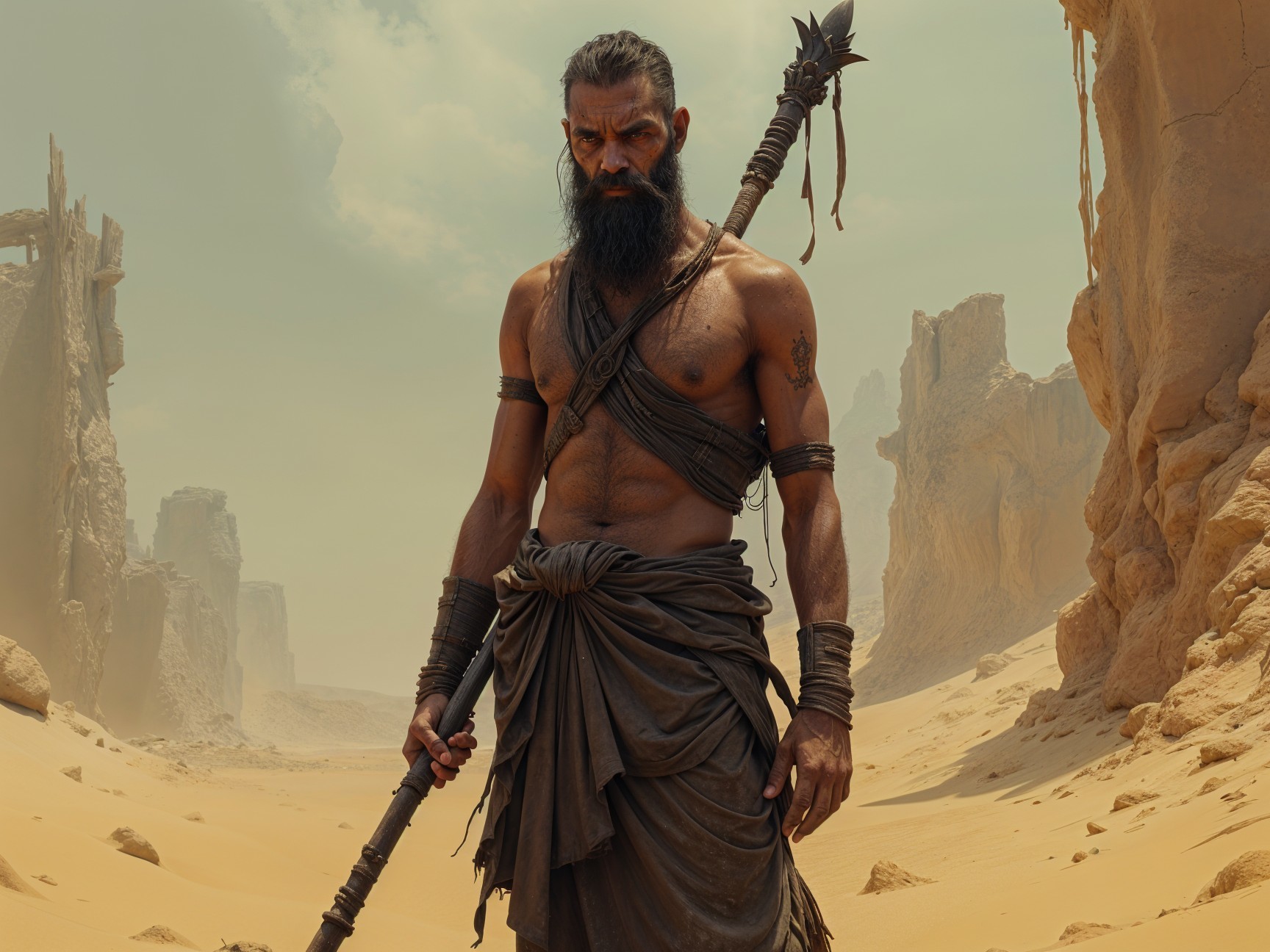 Rugged Warrior in Desert Landscape with Spear