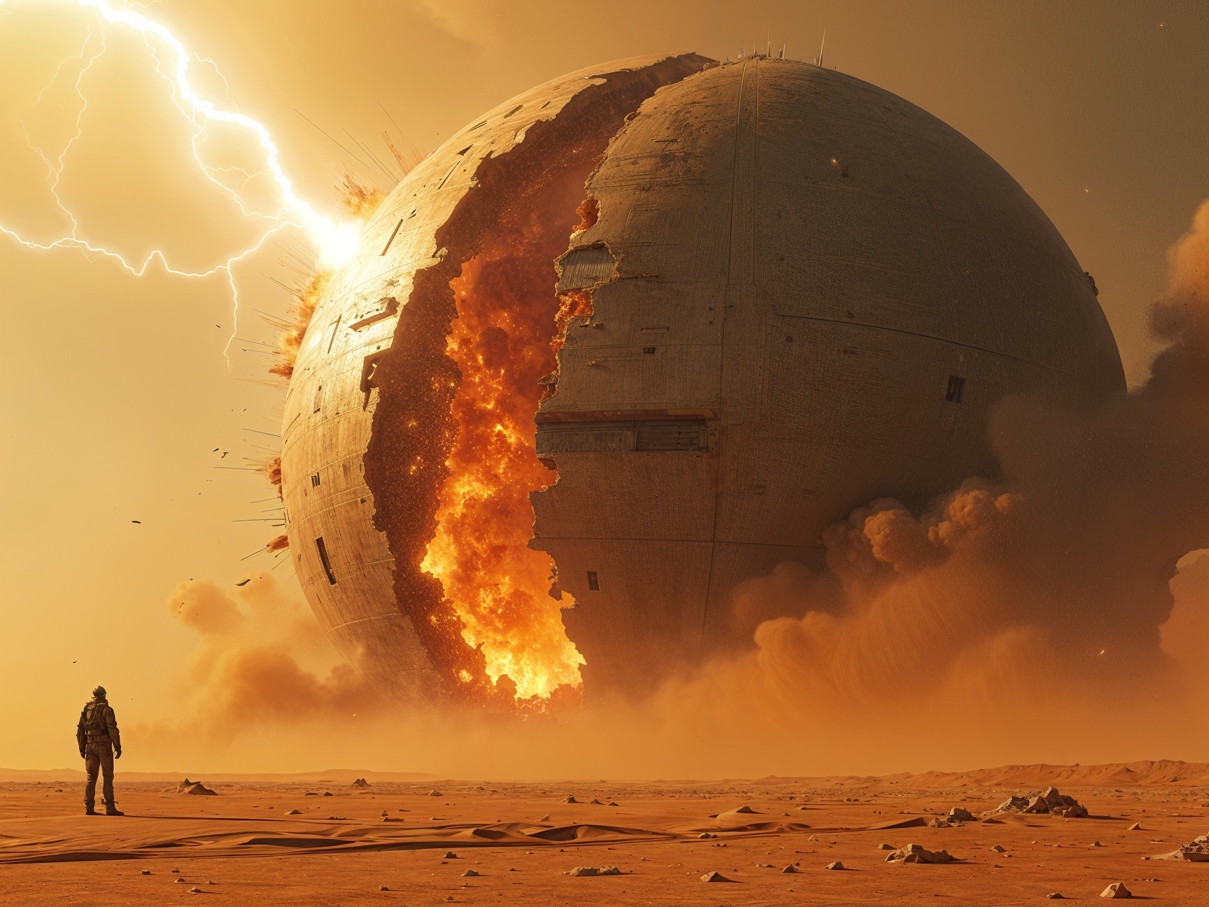 Desolate landscape with a fiery spherical structure