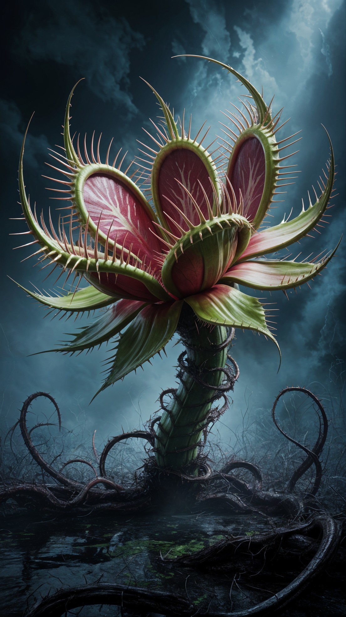Large Carnivorous Plant with Spiky Petals and Thorns