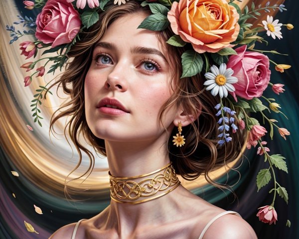 Serene Portrait of a Woman with Floral Crown and Choker