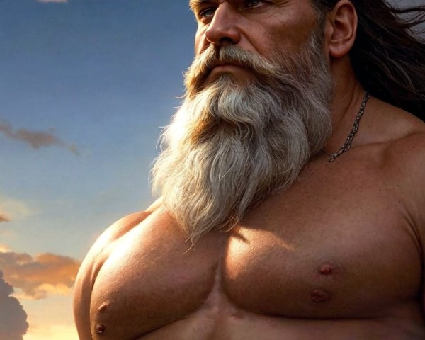 Muscular Mythical Warrior Against Dramatic Sunset Sky