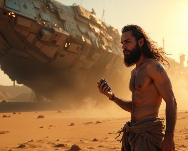 Muscular Man in Desert with Futuristic Spaceship